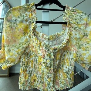Astr Floral Smocked Crop Top in Yellow and Pink
